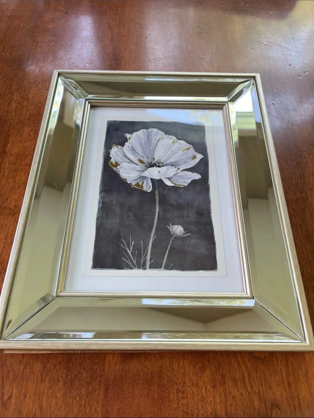Set of 3 mirrored picture frames white/gold floral prints on black background